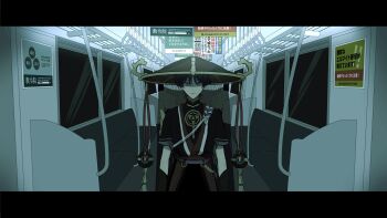 1boy ad anachronism armor arms_at_sides black_hair black_kimono black_sleeves black_veil blunt_ends choppy_bangs closed_mouth furisode genshin_impact glaring gold grey_eyes hat highres indoors japanese_armor japanese_clothes jewelry jingasa juban kimono kote kurokote layered_sleeves looking_at_viewer male_focus mandarin_collar mitsudomoe_(shape) neck_ring no6_gnsn open_clothes open_kimono purple_rope purple_sleeves red_hat red_kimono rope sanpaku scaramouche_(genshin_impact) see-through_clothes see-through_veil shaded_face shimenawa short_sleeves single_sode solo straight-on strap tomoe_(symbol) train upper_body veil white_kimono white_rope window