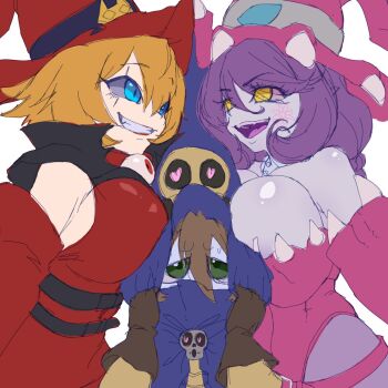 Rule 34 | 1boy, 2girls, appmon, blue eyes, breasts, colored skin, digimon, digimon (creature), elbow gloves, gerusyu, gloves, green eyes, hat, highres, large breasts, medium hair, multiple girls, purple skin, simple background, warudamon, white background, witchmon, wizard hat, wizarmon, yellow eyes