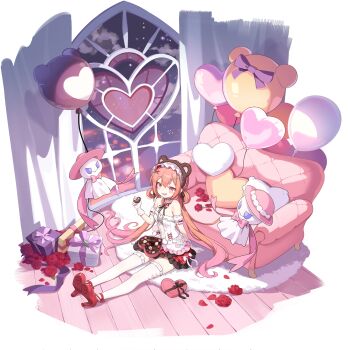 Rule 34 | 1girl, animal balloon, animal ear hairband, animal ears, balloon, bare shoulders, bear balloon, bear ear hairband, bear ears, blush, box, brown hairband, candy, chocolate, chocolate heart, dress, fake animal ears, food, gloves, hair ornament, hairband, heart, heart-shaped box, heart-shaped food, heart balloon, heart hair ornament, highres, lace, lace gloves, long hair, mistique (cocoa night sweetheart) (stella sora), mistique (stella sora), official alternate costume, official art, orange hair, red eyes, shirt, smile, solo, stella sora, strapless, strapless shirt, thighhighs, third-party source, twintails, white gloves, white thighhighs