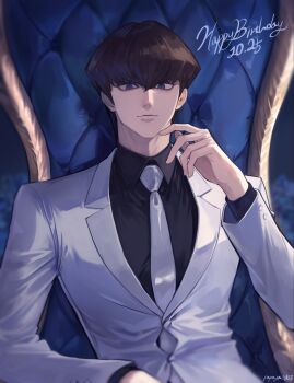 1boy black_shirt blue_eyes brown_hair chair dated english_text happy_birthday highres jacket kaiba_seto male_focus papaya0813 shirt short_hair sitting solo upper_body white_jacket yu-gi-oh! yu-gi-oh!_duel_monsters