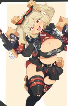 1girl :d bandeau black_bandeau black_gloves black_jacket black_skirt black_thighhighs blonde_hair breasts brown_background burnice_white cleavage commentary english_commentary eyewear_on_head fingerless_gloves flamethrower gloves hair_ornament highres holding holding_flamethrower holding_weapon jacket jellcaps large_breasts looking_at_viewer midriff navel open_clothes open_jacket open_mouth red_eyes simple_background skirt smile solo sunglasses teeth thighhighs thighs twintails two-tone_background upper_teeth_only weapon white_background zenless_zone_zero