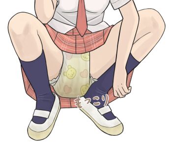 1girl black_socks bulge_in_diaper dia75 diaper diaper_under_clothes disposable_diaper female_focus highres japanese_text peeing peeing_diaper peeing_self plaid_clothes plaid_skirt pooping print_diaper pull-up_diaper red_skirt shoes simple_background skirt socks soiled_diaper solo squatting upskirt wet_diaper white_background