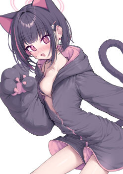 1girl @_@ alternate_costume animal_hands bikini black_bikini black_hair black_jacket blue_archive blush breasts cat_paws cat_tail colored_inner_animal_ears colored_inner_hair commentary crossed_bangs fang hair_intakes hair_ornament hairclip halo hand_up highres hood hood_down jacket kazusa_(blue_archive) looking_at_viewer medium_breasts metaljelly multicolored_hair partially_unzipped pink_hair red_eyes solo string_bikini swimsuit tail triangle_mouth two-sided_fabric two-sided_jacket white_background