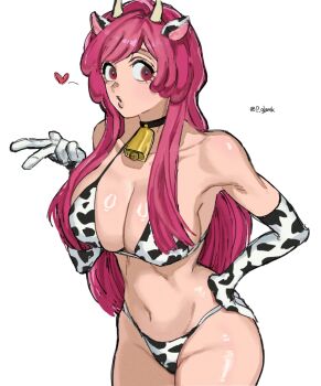 1girl animal_ears artist_name bare_shoulders bleach bleach:_sennen_kessen-hen breasts collarbone cow_ears cow_print cow_print_bikini cow_print_gloves cowbell fake_animal_ears fake_horns female_focus hand_on_own_hip highres horns large_breasts long_hair meninas_mcallon navel p_glansk parted_lips peace_symbol pink_hair print_bikini print_gloves quincy_(bleach) shiny_skin simple_background sternritter stomach twitter_username white_background