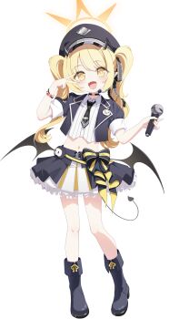 1girl :d absurdres alternate_costume alternate_hairstyle black_horns black_tail black_wings blonde_hair blue_archive blush commentary cropped_jacket cropped_shirt demon_girl demon_horns demon_tail demon_wings halo hat highres holding holding_microphone horns ibuki_(blue_archive) idol idol_clothes lapels layered_skirt long_hair looking_at_viewer low_wings microphone midriff navel od_sey open_mouth orange_halo peaked_cap pointy_ears simple_background skirt smile solo tail twintails v white_background wings yellow_eyes yellow_halo