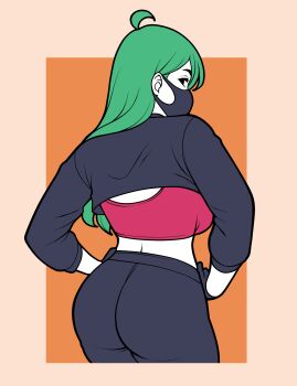 1girl ahoge ass black_eyes black_gloves breasts commentary english_commentary from_behind gloves green_hair highres huge_breasts jam-orbital long_hair looking_back mask mouth_mask orange_background original outside_border simple_background solo tops_(jam-orbital)