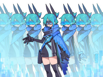 6+girls bag black_dress black_gloves black_hair black_thighhighs blue_cape blue_hair cape clenched_teeth colored_tongue commentary dress frown genderswap genderswap_(mtf) gloves goz-zz green_hair green_tongue grin highres hologram kamen_rider kamen_rider_zeztz kamen_rider_zeztz_(series) long_hair multicolored_hair multiple_expressions multiple_girls neck_pillow open_mouth parted_lips rider-tan rider_belt satchel short_dress shoulder_belt simple_background sleep_mask sleeveless sleeveless_dress smile standing teeth thighhighs tongue tongue_out white_background zeztz_driver