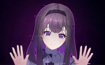 1girl :&gt; absurdres arknights black_background black_hairband bow brown_hair center-flap_bangs closed_mouth commentary diamond-shaped_pupils diamond_(shape) double-parted_bangs glitch grey_bow hairband highres kushaaaa4 looking_at_viewer medium_hair miside open_hands outline palms parody portrait priestess_(arknights) purple_eyes purple_outline simple_background smile solo spread_fingers sweater symbol-only_commentary symbol-shaped_pupils trait_connection turtleneck turtleneck_sweater two-tone_bow variant_set white_bow white_sweater