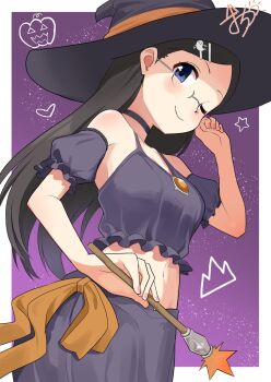 1girl bare_shoulders black_choker black_hair blue_eyes blush choker closed_mouth collarbone feet_out_of_frame female_focus glasses hair_ornament hairclip halloween halloween_costume hat heart highres holding holding_wand jack-o&#039;-lantern long_hair long_sleeves navel saitou_kaede_(yama_no_susume) smile sokuradamaro649 solo standing star_(symbol) wand witch witch_hat yama_no_susume