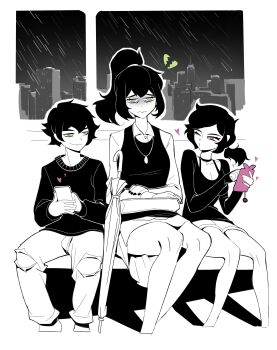 1boy 2girls absurdres aierlaobo andrew_graves ashley_graves bra_strap breasts brother_and_sister cellphone choker city cleavage commentary english_commentary frown green_eyes greyscale highres holding holding_phone incest jewelry medium_breasts medium_skirt monochrome mother_and_daughter mother_and_son multiple_girls necklace one_eye_closed pants phone pink_eyes ponytail puckered_lips rain renee_graves short_shorts shorts siblings skirt smartphone smartphone_case smile spot_color sweater the_coffin_of_andy_and_leyley torn_clothes torn_pants umbrella vest window