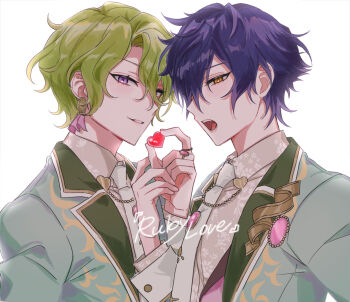 2boys blue_hair earrings ensemble_stars! facing_another green_hair heart highres jewelry long_sleeves looking_at_viewer male_focus multiple_boys open_mouth purple_eyes sazanami_jun short_hair smile sushi_171 teeth tomoe_hiyori yellow_eyes