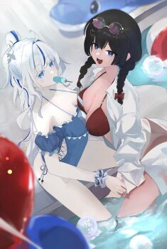 2girls :d ahoge aokumo_rin arm_under_breasts ass asymmetrical_docking balloon bikini black_hair blue_eyes blue_hair blue_one-piece_swimsuit blue_streaks bow braid breast_press breasts collared_shirt colored_eyelashes colored_skin commentary_request dress_shirt eyewear_on_head flower food food_in_mouth frilled_one-piece_swimsuit frills hair_bow hair_flower hair_intakes hair_ornament heart heart_hair_ornament highres holding_hands jageunson korean_commentary large_breasts long_hair long_sleeves looking_at_viewer multicolored_hair multiple_girls one-piece_swimsuit open_clothes open_mouth open_shirt ponytail popsicle popsicle_in_mouth red_bikini red_bow ribbon scrunchie see-through_clothes see-through_shirt shirayuki_hina shirt side-tie_one-piece_swimsuit sitting smile stellive streaked_hair string_bikini sunglasses swimsuit twin_braids very_long_hair virtual_youtuber water white_eyelashes white_hair white_shirt white_skin wing_collar wrist_scrunchie