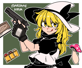 Rule 34 | ammunition, back bow, black gloves, blonde hair, book, bow, braid, colored eyelashes, fingerless gloves, formicid, gloves, gun, handgun, hat, hat ribbon, kirisame marisa, long hair, looking at viewer, mushroom, ribbon, simple background, single braid, tongue, tongue out, touhou, weapon, white hat, witch hat, yellow eyes