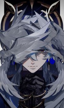 1boy black_shirt closed_mouth commentary_request grey_hair grey_wings halo halo_behind_head head_wings highres honkai:_star_rail honkai_(series) kakao_(hidden_pile) male_focus one_eye_covered pillarboxed portrait shirt solo sunday_(honkai:_star_rail) wings wings_over_eyes