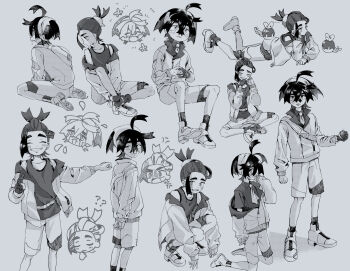 ? ?? anger_vein applin arms_behind_back blush closed_eyes collared_shirt commentary_request crossed_bangs flower_symbol gen_8_pokemon gloves greyscale grin highres holding holding_poke_ball jacket kieran_(pokemon) kneeling long_sleeves lying mole mole_on_neck monochrome multiple_views nintendo off_shoulder on_stomach open_clothes open_jacket open_mouth own_hands_together poke_ball pokemon pokemon_(creature) pokemon_sv shibahu_no_niwa shirt shoes shorts simple_background single_glove sitting smile socks squatting standing tank_top