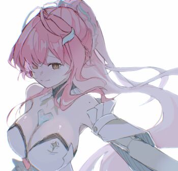 1010_(wuthering1010) 1girl absurdres aemeath_(wuthering_waves) bare_shoulders breasts chromatic_aberration cleavage closed_mouth commentary_request hair_ornament highres large_breasts long_hair pink_hair ponytail smile solo star-shaped_pupils star_(symbol) strapless symbol-shaped_pupils tearing_up upper_body wuthering_waves yellow_eyes