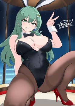 1girl absurdres animal_ears bare_shoulders black_bow black_bowtie black_leotard blush bow bowtie breasts brown_pantyhose cleavage collar commentary_request covered_navel detached_collar fake_animal_ears green_eyes green_hair hair_ornament hairpin high_heels highres indoors kneeling kochiya_sanae large_breasts leotard long_hair looking_at_viewer night pamu_art pantyhose playboy_bunny rabbit_ears signature smile solo strapless strapless_leotard touhou v window wrist_cuffs