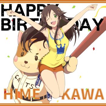 1girl blonde_hair blue_shoes breasts brown_hair cleavage commentary_request confetti full_body green_eyes hair_ornament hairclip happy_birthday highres himekawa_yuki idolmaster idolmaster_cinderella_girls large_breasts long_hair mascot miniskirt one_eye_closed orange_skirt outstretched_arms shoes skirt sneakers solo yozo_(stanky)