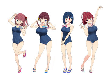 4girls absurdres arms_up blue_eyes blue_hair blue_one-piece_swimsuit blush breasts brown_hair claw_pose closed_mouth commentary_request competition_school_swimsuit double_v dress flip-flops flower goggles hair_flower hair_ornament hassenka_kokoro_(wakana_hanabi) highres himegekka_akari_(wakana_hanabi) kushinada_beni_(wakana_hanabi) large_breasts light_blush long_hair looking_at_viewer low_twintails makino_hiyori_(wakana_hanabi) medium_breasts multiple_girls one-piece_swimsuit one_eye_closed open_mouth original pink_hair ponytail purple_eyes red_eyes red_hair sandals school_swimsuit short_hair simple_background smile sunflower swim_goggles swimsuit translation_request twintails unworn_goggles v wakana_hanabi white_background