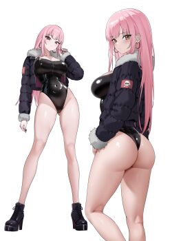 1girl absurdres alternate_costume ankle_boots ass bare_legs black_boots black_jacket black_leotard black_nails blunt_bangs blush boots breasts cleavage closed_mouth commentary covered_navel earrings fingernails from_behind from_side full_body fur-trimmed_jacket fur_trim groin highleg highleg_leotard highres hololive hololive_english hoop_earrings jacket jewelry large_breasts leotard long_hair long_sleeves looking_at_viewer mori_calliope multiple_views open_clothes open_jacket padded_jacket pink_hair platform_boots raikkonen red_eyes sideboob simple_background skull_and_crossbones thighs turning_head twirling_hair virtual_youtuber white_background zipper zipper_leotard