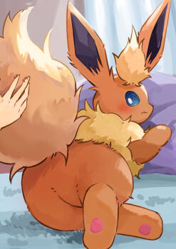 Rule 34 | absurdres, animal focus, blue eyes, blush, closed mouth, flareon, gen 1 pokemon, highres, illustrattyako, indoors, looking at viewer, lying, nintendo, no humans, petting, pillow, pokemon, pokemon (creature), tail