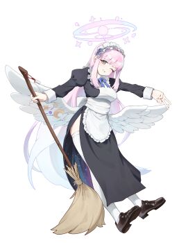 1girl absurdres alternate_costume angel_wings apron black_dress blue_archive blue_bow blue_bowtie blush bow bowtie breasts broom brown_shoes dress enmaided feathered_wings frilled_apron frills gradient_halo halo highres holding holding_broom ilyowal long_hair long_sleeves looking_at_viewer low_wings maid maid_apron maid_headdress mika_(blue_archive) multicolored_halo one_eye_closed pink_hair pink_halo puffy_sleeves shoes side_slit simple_background smile solo thighhighs v white_apron white_background white_thighhighs white_wings wing_ornament wings yellow_eyes