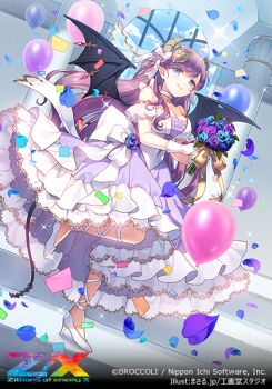 Rule 34 | 1girl, aqua petals, balloon, black tail, black wings, blue eyes, blue petals, bouquet, breasts, brown horns, choker, cleavage, copyright logo, copyright name, copyright notice, demon girl, demon horns, demon tail, demon wings, dress, flower, gloves, hair ornament, high heels, holding, holding bouquet, horns, large breasts, logo, long hair, masaru.jp, official art, petals, pointy ears, purple hair, purple petals, shoes, smile, solo, sparkle, standing, standing on one leg, tail, ugly (z/x), veil, wedding dress, white choker, white dress, white gloves, white shoes, wings, z/x