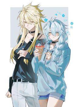 2girls absurdres alternate_costume antenna_hair bag belt blonde_hair blush braid choker closed_eyes commentary flower food genderswap genderswap_(mtf) hashtag-only_commentary highres holding holding_food holding_spoon honkai:_star_rail honkai_(series) hood hoodie iqjwyns1616 multiple_girls pants phainon_(honkai:_star_rail) phainon_(khaslana)_(honkai:_star_rail) shirt short_hair shorts shoulder_bag simple_background spiked_hair spoon symbol-only_commentary very_short_hair white_hair yellow_eyes