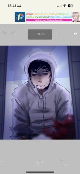 Rule 34 | 1boy, art program in frame, black hair, blood, blood on clothes, cigarette, cry of fear, grey hoodie, highres, hood, hood up, hoodie, male focus, raykills, screencap, short hair, simon henriksson, sitting, smoke, smoke trail, smoking, solo, upper body