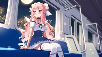 Rule 34 | 1girl, blue choker, blue skirt, blush, choker, closed mouth, commentary request, detached wings, erenshu, frilled skirt, frills, hair ribbon, hair rings, heart, heart necklace, highres, indoors, jewelry, kirispica, long hair, looking to the side, low-tied sidelocks, moon, necklace, night, pink hair, pointy ears, puffy short sleeves, puffy sleeves, purple eyes, ribbon, shirt, short sleeves, sidelocks, sitting, skirt, sky, solo, thick eyebrows, thighhighs, train interior, twitter username, v-dere, virtual youtuber, white ribbon, white shirt, white thighhighs, wings