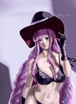 1girl black_bra black_gloves blunt_bangs blush bra braid braided_sidelocks breasts closed_mouth commentary curvy drill_hair earrings gloves hat highres jewelry long_hair looking_to_the_side navel one_piece perona pink_hair pink_lips shiny_skin solo stupidtako thong underwear very_long_hair wide_hips