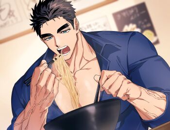 Rule 34 | 1boy, bara, black hair, blue eyes, blue shirt, chopsticks, domo (domo kizusuki), eating, food, forehead, holding, holding chopsticks, instant noodles, kokado shido (domo), large pectorals, male focus, muscular, muscular arms, muscular male, noodles, open mouth, original, partially open shirt, pectoral cleavage, pectorals, restaurant, shirt, shoes, short hair, sideburns, simple background, teeth, v-taper, veins, veiny arms