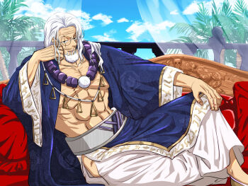 Rule 34 | 1boy, beard, blue sky, closed mouth, commentary request, couch, facial hair, glasses, highres, jewelry, looking at viewer, male focus, mature male, musasabiop, muscular, muscular male, necklace, old, old man, one piece, railing, round eyewear, scar, scar across eye, scar on chest, scar on face, silvers rayleigh, sky, smile, stitches, wide sleeves