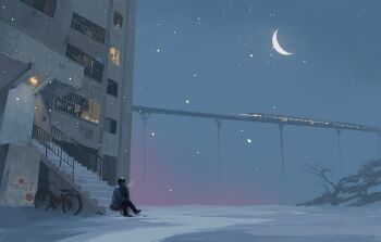 1boy apartment bare_tree barred_window building city crescent_moon elevated_railway hill moon night original pillar railing scenery shadow sky slow_d snow solo stairs train tree window