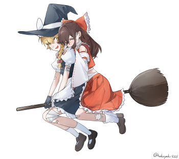 Rule 34 | 2girls, absurdres, apron, bandaged leg, bandages, bandaid, bandaid on arm, bandaid on leg, black gloves, blonde hair, blush, bow, braid, broom, broom riding, brown eyes, brown hair, brown shoes, commentary request, detached sleeves, frilled bow, frilled hair tubes, frilled skirt, frills, gloves, hair bow, hair tubes, hakurei reimu, hands on another's shoulders, hat, hat bow, highres, kirisame marisa, long hair, multiple girls, multiple riders, open mouth, pink bow, puffy short sleeves, puffy sleeves, red bow, red skirt, ribbon-trimmed sleeves, ribbon trim, shoes, short sleeves, side braid, simple background, single braid, skirt, skirt set, smile, socks, takoyaki5221, touhou, twitter username, waist apron, white background, white bow, white socks, witch hat, yellow eyes