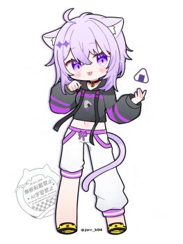 1girl :3 ahoge animal_ear_fluff animal_ears black_choker black_hoodie black_shoes blush_stickers cat_choker cat_ears cat_girl cat_tail choker closed_mouth crossed_bangs drawstring drop_shadow full_body hair_between_eyes hands_up hashtag-only_commentary highres hololive hood hood_down hoodie kashiwase_karune long_sleeves looking_at_viewer midriff navel nekomata_okayu pants purple_eyes purple_hair shoes short_hair simple_background smile solo standing tail tongue tongue_out twitter_username virtual_youtuber watermark white_background white_pants