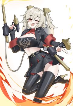 Rule 34 | 1girl, absurdres, black gloves, black jacket, black skirt, black thighhighs, black tube top, blonde hair, breasts, burnice white, cleavage, commentary, crop top, fingerless gloves, flamethrower, gloves, highres, holding, holding flamethrower, holding weapon, jacket, large breasts, looking at viewer, open mouth, propane tank, red eyes, skirt, smile, solo, spiked jacket, strapless, thighhighs, tube top, twintails, vixsi art, weapon, zenless zone zero