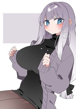 absurdres black_bow black_dress blue_eyes blunt_bangs blunt_ends blush blush_stickers bow breasts brown_pantyhose cardigan clenched_hand commentary_request dress gradient_hair grey_hair hair_bow highres huge_breasts long_hair multicolored_hair oimotororo1116 open_cardigan open_clothes original pantyhose purple_cardigan purple_hair short_dress signature simple_background sitting sleeves_past_wrists straight_hair sweat tachibana_(oimotororo1116) thick_eyelashes turtleneck turtleneck_dress