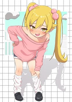 1girl absurdres alternate_hairstyle black_shoes blonde_hair blush blush_stickers building cloud fang full_body furrowed_brow grid_background hair_bobbles hair_flaps hair_ornament hand_on_own_hip hand_on_own_knee highres leaning_forward long_sleeves looking_at_viewer loose_socks monogatari_(series) off-shoulder_shirt off_shoulder open_mouth oshino_shinobu pink_shirt pointy_ears shadow shirt shoes short_shorts shorts socks solo standing twintails white_background white_socks yellow_eyes yoshikirino