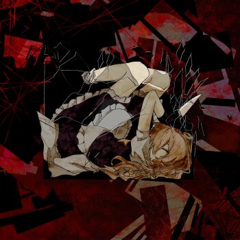 1girl apron black_skirt black_vest blonde_hair braid broken_glass closed_eyes closed_mouth commentary cookie_(touhou) frilled_apron frilled_skirt frills glass highres holding holding_knife kirisame_marisa knife long_hair lying on_back puffy_short_sleeves puffy_sleeves red_background shirt short_sleeves side_braid single_braid sixsec6ndzlater skirt skirt_set smile socks solo star_(symbol) suzu_(cookie) touhou vest waist_apron white_apron white_shirt white_socks