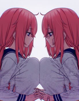 2girls bags_under_eyes bandaid bandaid_on_face bandaid_on_hand blue_eyes blue_sailor_collar breast_press breasts commentary_request dual_persona from_side hogerarara holding_hands interlocked_fingers large_breasts long_hair long_sleeves michinoku_komaro multiple_girls pink_hair ponytail profile sailor_collar school_uniform seitokai_ni_mo_ana_wa_aru! serafuku shirt simple_background symmetrical_docking watermark white_background white_shirt