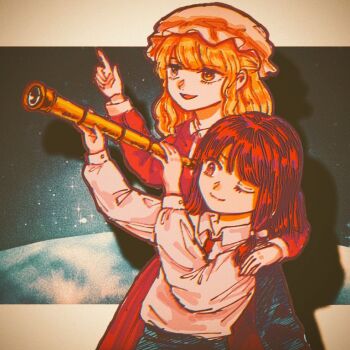 Rule 34 | 2girls, arm on another's shoulder, black cape, black skirt, blonde hair, bow, cape, collared dress, collared shirt, contrast collar, cowboy shot, dress, hair bow, hat, holding, holding telescope, kihaji140, long hair, long sleeves, maribel hearn, mob cap, multiple girls, necktie, no headwear, one eye closed, open mouth, pointing, pointing up, purple dress, red cape, red eyes, red hair, red necktie, shadow, shirt, shirt tucked in, skirt, smile, star (sky), telescope, touhou, two-sided cape, two-sided fabric, usami renko, white bow, white hat, white shirt, yellow eyes