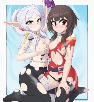 2girls absurdres belt black_panties black_pantyhose black_thighhighs blush bottle breasts brown_hair choker crossover dissolving_clothes ear_piercing elf female_focus female_pubic_hair frieren grabbing_own_breast green_eyes highres kneeling kono_subarashii_sekai_ni_shukufuku_wo! liquid looking_at_viewer megumin multiple_girls nipples panties pantyhose partially_visible_vulva petite piercing pointy_ears pouring pouring_onto_self pubic_hair purplealacran red_eyes small_breasts smile sousou_no_frieren sweat thighhighs torn_clothes torn_panties torn_pantyhose torn_thighhighs twitter_username underwear wet white_hair