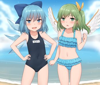 2girls alternate_costume beach bikini blue_bikini blue_bow blue_eyes blue_hair blurry blush bow cirno cloud commentary_request covered_navel daiyousei day depth_of_field detached_wings frilled_bikini frills green_eyes green_hair hair_bow hair_ribbon hands_on_own_hips highres ice ice_wings lake looking_at_viewer miyo_(ranthath) multi-source_commentary multiple_girls name_tag one_side_up open_mouth ribbon smile swimsuit touhou translated twitter_username water wings yellow_ribbon