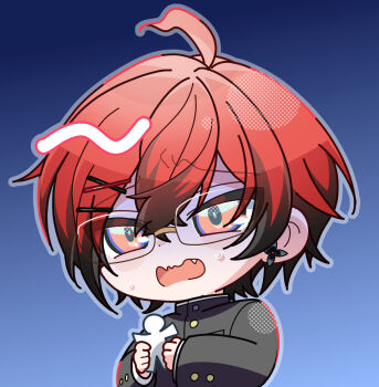 Rule 34 | 1boy, ahoge, bespectacled, blue background, buttons, chibi, chibi only, commentary, corpse party, cosplay, fang, gakuran, glasses, hair ornament, hairclip, highres, holostars, holostars english, kisaragi academy school uniform, long sleeves, machina x flayon, male focus, morishige sakutarou, morishige sakutarou (cosplay), nyokkiiiiin, open mouth, orange eyes, outline, red hair, scared, school uniform, shaded face, short hair, solo, sweat, upper body, virtual youtuber, wavy mouth, x hair ornament
