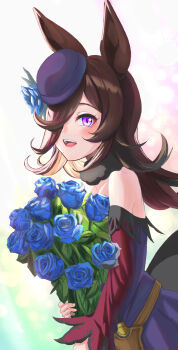 1girl absurdres animal_ears bare_shoulders blue_dress blue_flower blue_hat blue_rose blush bouquet brown_hair commentary_request dagger dress fascinator flipped_hair flower fur_choker hair_over_one_eye hat hat_flower highres holding holding_bouquet horse_ears horse_girl knife long_hair long_sleeves looking_at_viewer off-shoulder_dress off_shoulder open_mouth purple_eyes rice_shower_(rosy_dreams)_(umamusume) rice_shower_(umamusume) rose sheath sheathed smile solo teeth tilted_headwear umamusume wasabishou91387 weapon