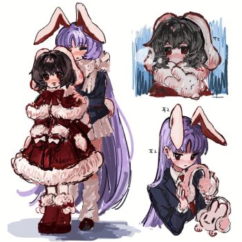 2girls :3 :o adjusting_another&#039;s_clothes adjusting_jacket alternate_costume animal animal_ears b_nosk101 black_hair black_jacket black_shoes blazer blush boots bow breath coat crossed_bangs curtained_hair frilled_skirt frills fur-trimmed_boots fur-trimmed_coat fur_trim glove_bow highres holding holding_animal holding_earmuffs holding_rabbit inaba_mob_(touhou) inaba_tewi jacket kneehighs layered_clothes long_hair mittens multiple_girls multiple_views necktie nose_blush open_mouth parted_lips pink_skirt purple_hair rabbit rabbit_ears rabbit_girl red_boots red_coat red_eyes red_mittens red_necktie reisen_udongein_inaba scarf shirt shoes short_hair simple_background skirt snow_boots socks touhou translation_request very_long_hair white_background white_bow white_scarf white_shirt white_socks winter_clothes winter_coat