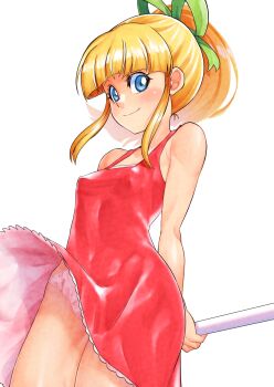 1girl against_railing blonde_hair blue_eyes blush breasts closed_mouth dress emit_x eyebrows_hidden_by_hair highres looking_at_viewer medium_breasts medium_hair mega_man_(series) panties pantyshot pink_panties ponytail railing red_dress roll_(mega_man) simple_background smile solo underwear white_background wind wind_lift
