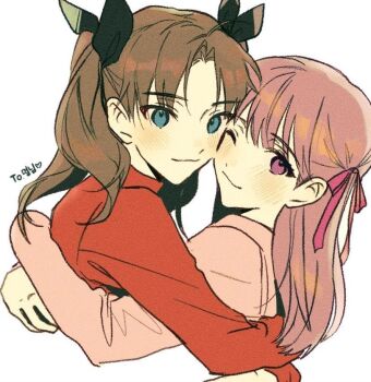 Rule 34 | 2girls, :3, black ribbon, blue eyes, blush, brown hair, closed mouth, commentary request, fate/stay night, fate (series), from side, hair ribbon, hug, hwanm fate, korean commentary, long hair, looking at viewer, matou sakura, multiple girls, one eye closed, parted bangs, pink ribbon, pink shirt, purple eyes, purple hair, red sweater, ribbon, shirt, simple background, smile, sweater, tohsaka rin, turtleneck, turtleneck sweater, two side up, upper body, wavy hair, white background