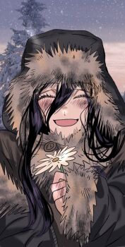 1girl black_coat black_hat busuttt chainsaw_man closed_eyes coat dusk flower fur-trimmed_coat fur_trim hair_between_eyes hair_flower hair_ornament hat highres long_hair long_hair_between_eyes open_mouth outdoors purple_hair reze_(chainsaw_man) sky solo star_(sky) starry_sky tree ushanka white_flower winter_uniform